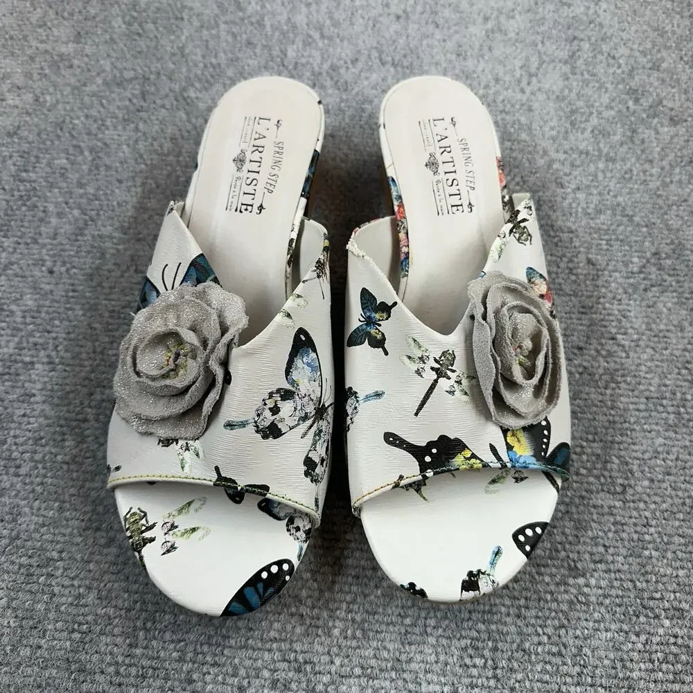 L'Artiste By Spring Step Isittora White Multi Women's Slides Size 9 Butterfly
